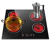 Karinear Drop-in 4 Burner Electric Cooktop 24 Inch Radiant Cooktop, Electric Stove Top with Residual Heat Indicator, Child Safety Lock, Timer, 220-240V, 6000W, Hard Wire(No Plug)