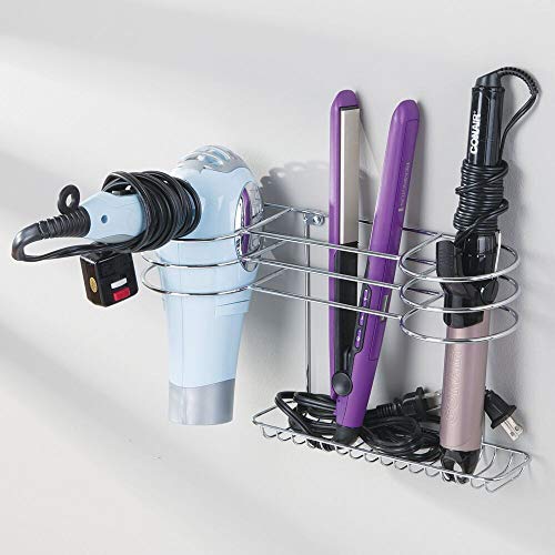 mDesign Bathroom Wall Mount Metal Hair Care & Styling Tool Organizer Storage Basket for Hair Dryer, Flat Iron, Curling Wand, Hair Straighteners, Brushes - Steel Wire - Chrome