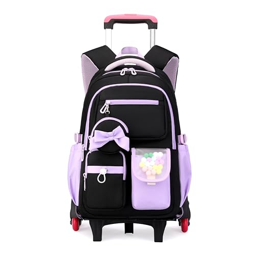 ZHANAO Mochila com rodinhas para meninas e crianças, com rodas, lindas bolsas para escola e ensino fundamental, 6 rodas pretas + roxas