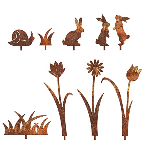 Rerum & Consilium Juego de 9 piezas de decoración de primavera, corona decorativa de acero, 9 piezas de acero oxidado, decoración de primavera y Pascua, decoración de mesa de Pascua, corona de Pascua Cover