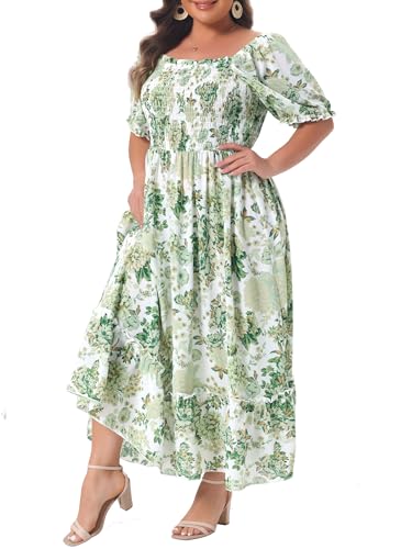 Image of Agnes Orinda Plus Size Dress for Women Short Sleeve Shirred Square Neck Floral Maxi Long Dresses