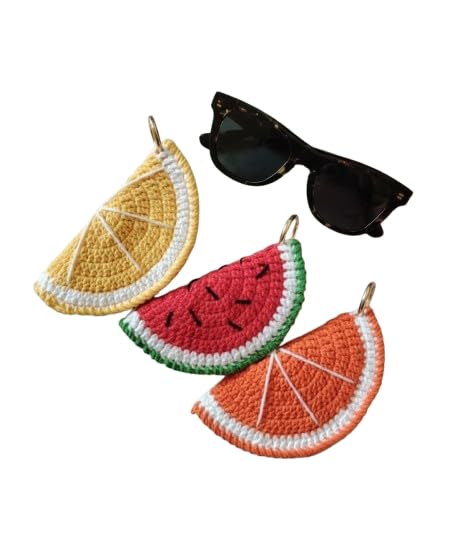 Handmade Crochet Specs Holder Case – Fruit Design (Watermelon, Orange & Lemon) | Soft Knitted Wool Eyeglass Cover with Keyring | Stylish & Protective Pouch for Sunglasses (set of 1)