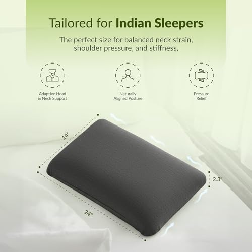 Image of SleepyHug SlimRest Orthopedic Memory Foam Pillow 2.3 Inch Medium Low Loft | Cooling CoolTech Adaptive Foam | Neck Alignment Support for Back & Side Sleepers | 24x14x2.3 Inches, Grey