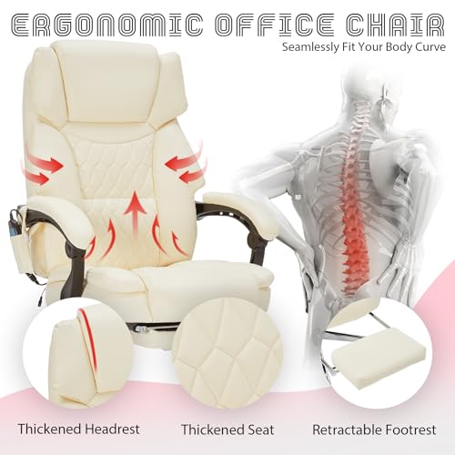 Image of Massage Office Chair with Foot Rest 6 Points Vibration and Heat Home Office Desk Chairs for Heavy People 400lbs Reclining Managerial Chairs Ergonomic Executive Chair (Cream)
