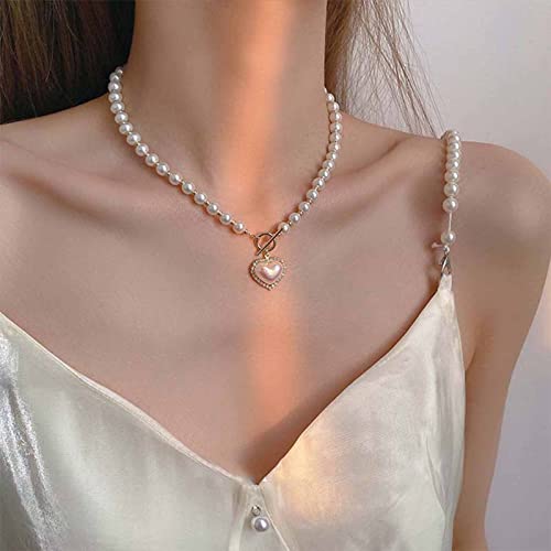 Allereyae Vintage Pearl Choker Necklace Gold Circle T Bar Necklace Bohemia Heart Necklace Love Heart Pendant Necklace Chain Jewelry For Women And Girls (Heart With Crystal) #TOP1