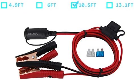 CUZEC 10.5FT/3.2m 16 AWG Extension Cord Plug Socket with Battery Clamp 12V/ 24V Battery Clip-On and Cigarette Lighter Adapter (10.5FT Long)