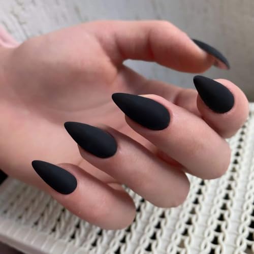 Matte Black Press on Nails Almond Shaped Medium Almond Nails Pres...