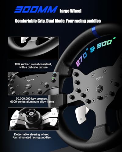 PXN V99 Gaming Steering Wheel, Driving Force Feedback Steering Wheel with Pedals and Shifter - 3.2NM, 270°&900°, 11.8 inch, 4 Paddle Shifters, Tools APP - Racing Steering Wheel for PC, Xbox and PS4