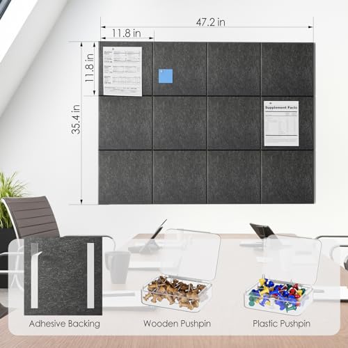 Image of MaxGear Felt Bulletin Board 48 inch x 36 inch, Dark Gray Felt Wall Tiles Wall Decor