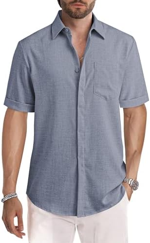 JMIERR Men's Linen Hawaiian Shirts Casual Button Down Short Sleeves Cotton Summer Beach Shirts Tropical Resort Soft Clothing, XL, Dirty Blue