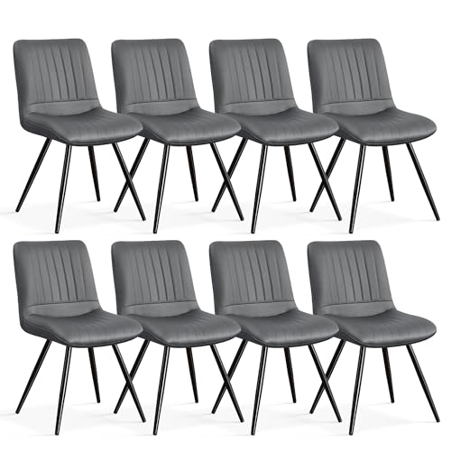 Image of Dining Chairs Set of 8, Modern Dining Chairs with Thick Cushions, PU Leather Upholstered Kitchen Dining Room Chairs with Metal Legs for Dining Living Room (Dark Grey)