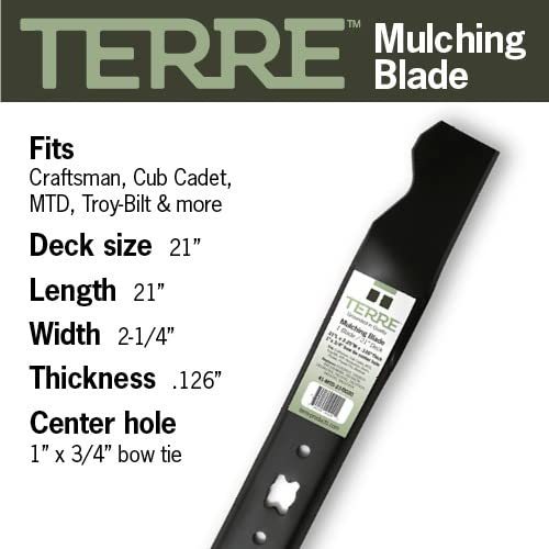 Terre Products, Single Mulching Lawn Mower Blade, 21 Inch Deck, Compatible with MTD, Cub Cadet, TroyBilt, Replacement for 742-04100, 742-0741, 742-0741A, 942-0741, 942-0741A, 1995 and After