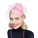 Women's Fascinators Tea Party Hats for Women 2025 Veil Feather Pillbox with Headband and Clip 20s 50s High Fancy(Pink)