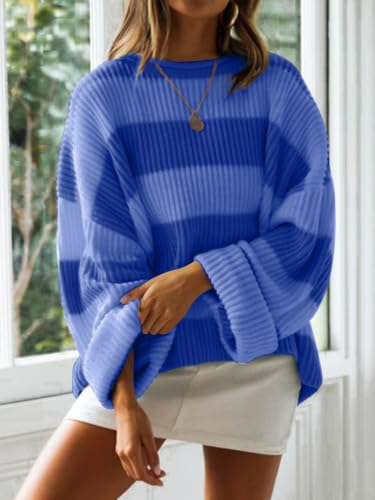 Image of Simier Fariry Womens Fall Oversized Pullover Sweater Long Sleeve Comfy Knitwear Retro Stripe Casual Outfit