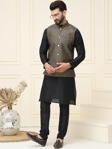 Sojanya (Since 1958 Men's Silk Blend Black Kurta Pyjama & Black Self Design Nehru Jacket Combo