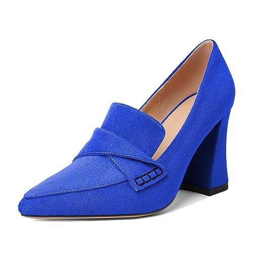 Esvowido Women's High Heel Loafers Block Chunky Heels Slip on Pumps Closed Pointed Toe Comfortable Dress Shoes for Work Office 3.5 Inch - Main Image