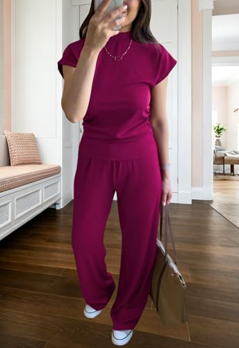 Image of Women's 2 Piece Outfits Casual Summer Cap Sleeve Ribbed Pant Sets Tracksuit