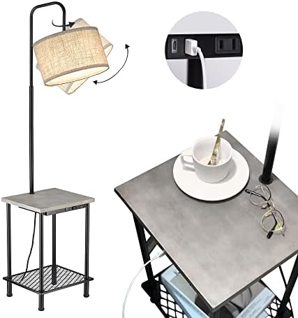 ELYONA Rustic End Table Floor Lamp, Rubber Wood Shelf Tall Pole Standing Light USB Type-C Charging Port & Outlet, Farmhouse Side Table Lamps for Bedroom Living Room Office, LED Bulb Included, Grey
