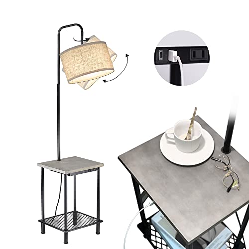 Elyona Rustic End Table Floor Lamp, Rubber Wood Shelf Tall Pole Standing Light Usb Type-C Charging Port & Outlet, Farmhouse Side Table Lamps For Bedroom Living Room Office, Led Bulb Included, Grey #TOP17