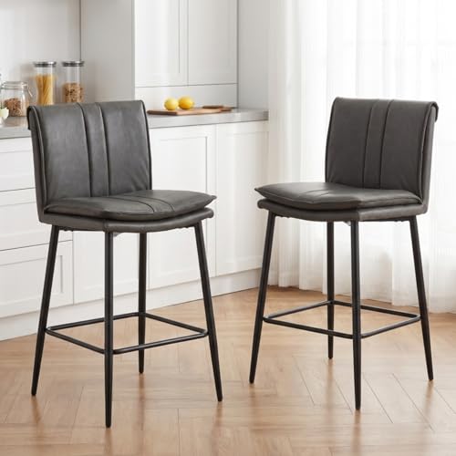 Ya-Home Tabouret de Bar Rétro en Cuir PU Lot de 2 Chaise Bar avec Pieds en Métal Tabouret de Comptoir avec Repose-Pieds Chaise Haute Cuisine, Gris