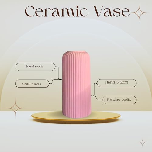 Image of KREATIVE ART'S Modern Ribbed Design Ceramic Flower Vase for Living Room, Flower Pots for Artificial Flower, Home Decoration Item, Home Decor, Vases for Living Room (Pink, Small)