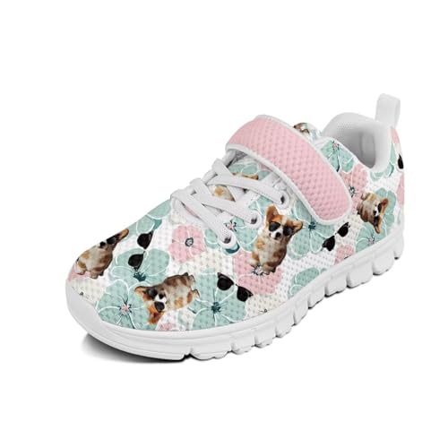 Little Kid Boys Girls Lightweight Breathable Sneakers Strap Athletic Tennis Shoes for Running Walking Cute Dog Sunglasses Pattern（White Sole）