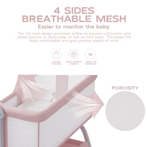 Image of BabyBond Baby Bassinet, 3 in 1 Bassinet Bedside Sleeper with Washable Soft Mattress and Sheet, 6 Height Adjustable Bedside Crib, 4-Sided Mesh Bedside Bassinet for Baby