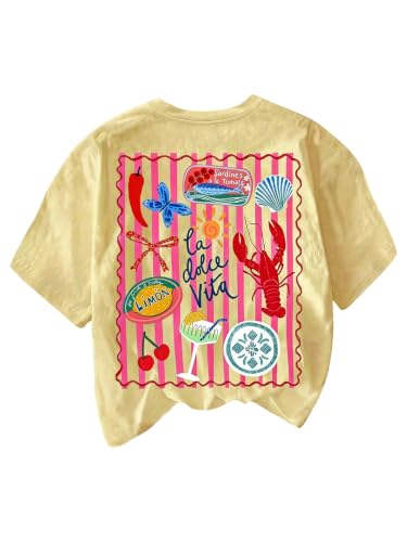 Image of RoseSeek Women's Graphic Letter Tee Crew Neck Trendy Summer Vintage T Shirt