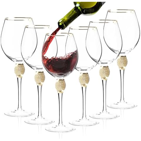 BERKWARE Premium Wine Glasses Set of 6 - Crystal Long Stem Wine Glass with Gold Rim & Rhinestone Design - 18 oz Cover