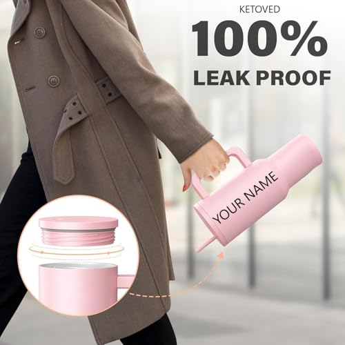 Image of Personalised with Your Name, 1200ml Tumbler with Straw-Handle-Stainless Steel Double Wall Insulated Cup | Leakproof Sipper Mug for Hot-Cold Drinks |Coffee - WaterTumbler (Pink Custom)