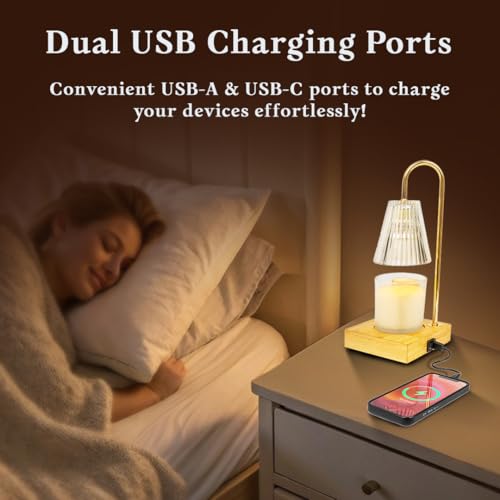 Image of Candle Warmer Lamp with 24H Timer, Dimmable, Electric Wax Warmer with 2 Bulbs, Dual Charging Port, Home Decor for Jar Candles, House Warming, Gifts, Home Decor (Vintage Glass)