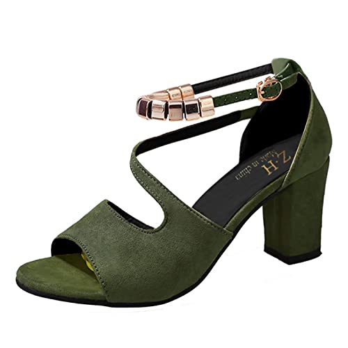 Sandalias de mujer con tacón y cordones tacón de bloqueo correa sandalias boda High Heels Sandalias profesionales Salsa Zapatos Elegantes Glitterati con Tacón Sandalias, Army Green, 41 EU