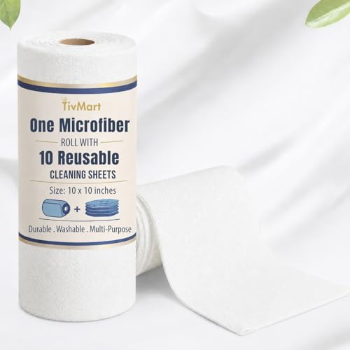 Image of Microfiber Cleaning Cloth Roll | 10 Reusable Tear-Away Sheets (25x25 cm, 220 GSM) | Washable Lint-Free Cleaning Towels for Kitchen, Car, Glass, Office & Home | Ultra Absorbent White Cloth Roll
