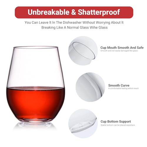 HAHASHOW 470ml Stemless Wine Glasses, Tritan Plastic Wine Tumbler Set of 4, Drinking Glasses Dishwasher Safe for Cocktail Water, Juice - Image 3