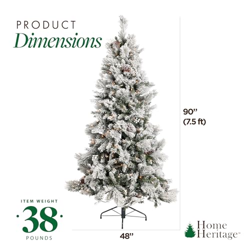 Home Heritage 7.5' Prelit Snowdrift Flocked Artificial Christmas Tree 600 Clear Incandescent Lights, Pinecones, Berries, 1,097 PVC Tips, Stand, Green