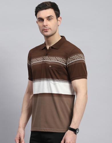 Image of Monte Carlo Mens Striped Polo Collar Half Sleeve Cotton Blend Casual T-Shirt (224064162)