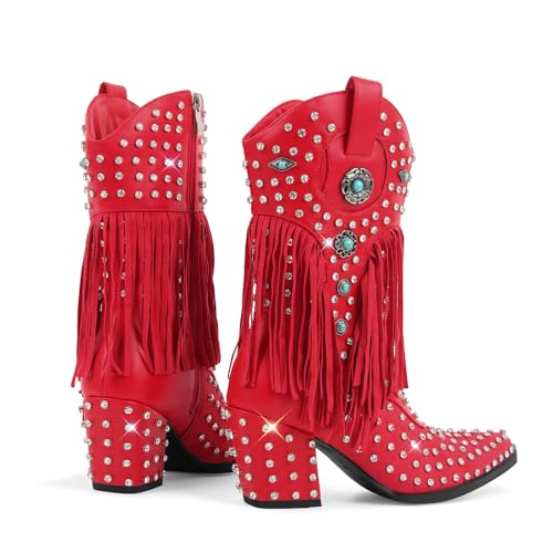 sexytag Fringe Cowboy Boots Rhinestone Embellishments Mid Calf Cowgirl Boots Turquoise Flower Studded Western Booties3