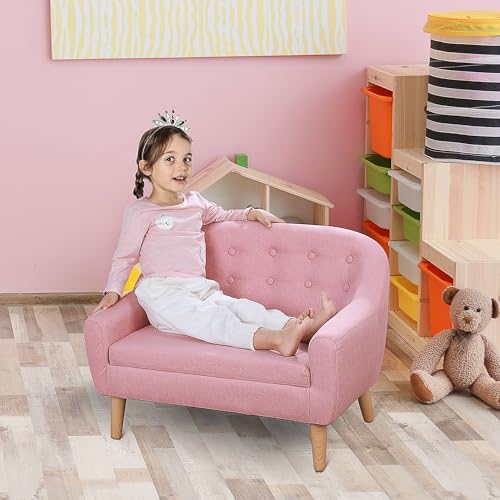 Qaba-2-Seat-Kids-Sofa-Toddler-Sofa-Couch-Linen-Like-Fabric-and-Wooden-Frame-Sofa-Chair-for-Ages-3-7-11-High-Seat-Pink Qaba 2 Seat Kids Sofa Toddler Sofa Couch Linen Like Fabric and Wooden Frame Sofa Chair for Ages 3 7 11 High Seat Pink