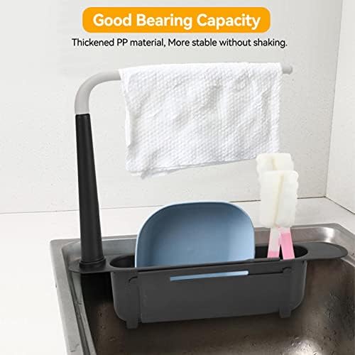 Telescopic Sink Holder Rack, Expandable Storage Drain Basket Rack Adjustable Drainer Sink Tray Sponge Soap Holder with Towel Bar for Home Kitchen