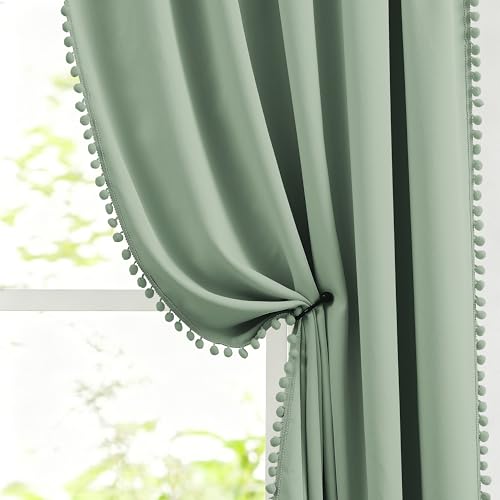 Image of Light Green Pom Poms Blackout-Curtains 95 inch Bedroom Window Curtains for Living Room Triple Weave Half Blackout Window Curtains for Hotel Guest Room Drapes 52 inchw x2 Panels Rod Pocket Sage