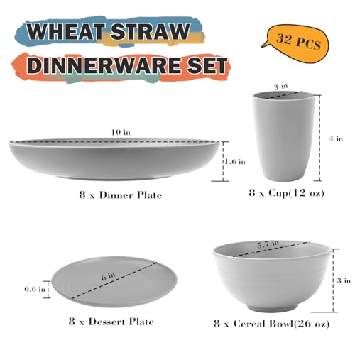 Image of Wheat Straw Dinnerware Sets, Plates and Bowls Sets, 32 PCS Dinnerware Sets Service for 8, Unbreakable Reusable Plates Set, Outdoor Kitchen and Apartment Dinning Essentials - Gray
