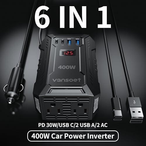 Vansoet 400W Car Power Inverter DC 12V to 110V AC (PD 30W/15W USB C + 2 USB A Ports & 2 AC Outlets) - image 2