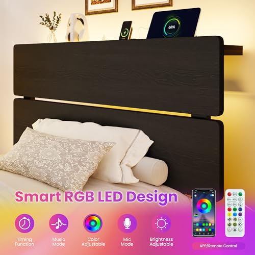 Image of SHA CERLIN Twin Size Bed Frame, Led Light, Charging Station, Storage Shelf | Wooden Headboard, Heavy Duty Slats Support, Metal Platform Bed, Under Bed Storage, No Box Spring Needed, Noise Free, Black