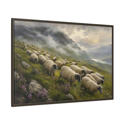 Impression nature mouton vert et beige grand format cadre espresso
