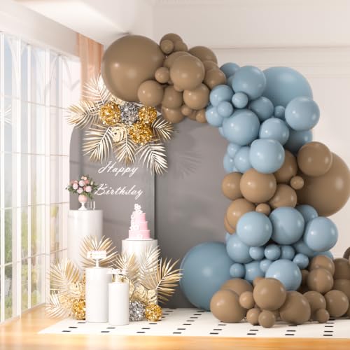 Image of 130pcs 18 /12 /10 /5 Inch Dusty Blue and Khaki Balloon Garland Arch Kit | Assorted Balloons for Boho Bear Boy Baby Shower, Neutral Woodland Birthday, Rustic Wedding Party Decorations
