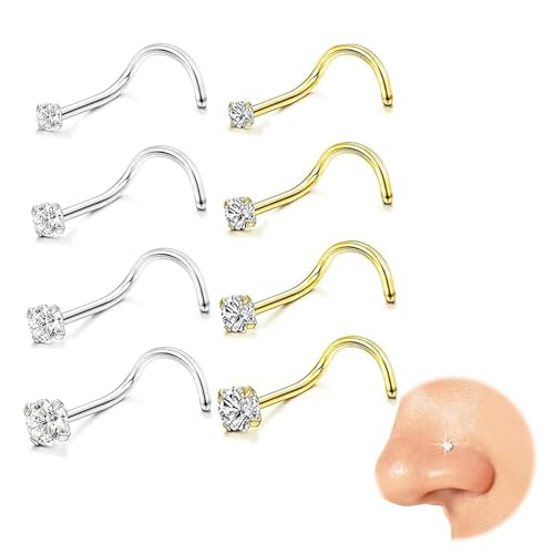 Kabwea Lot de 8 piercings pour le nez en acier chirurgical 316L, hypoallergénique, clous de nez pour piercing, multicolore, L
