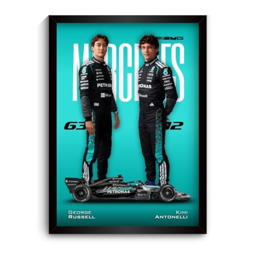 Image of George Russell Mercedes F1 Poster | Framed AMG F1 Car A4 Sized (31 x 23 cm) | Russell and Kimi Posters | Mercedes Car Frame for Wall, Gift for Boys, Formula 1 Frame | Formula 1 Frames (F 176)