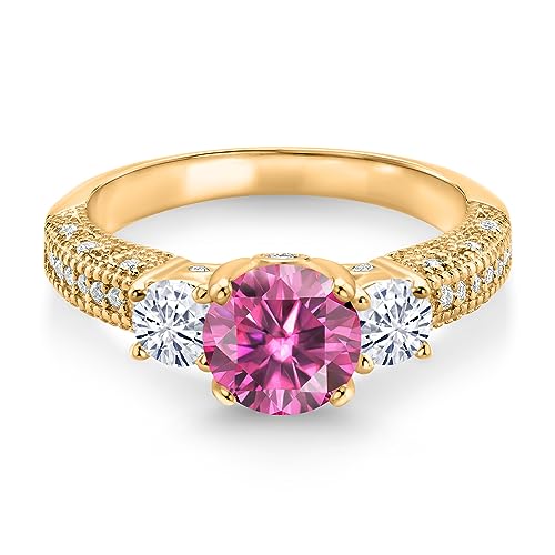 Gem Stone King 18K Yellow Gold Plated Silver Customized and Personalized 7MM and 4MM Round Gemstone Birthstone and White Moissanite Engagement Ring For Women3