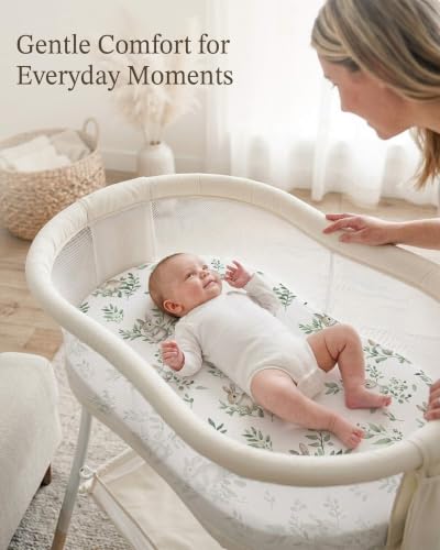 Image of Bassinet Sheets for Baby Girls Boys 2 Pack, Fitted Baby Mattress Sheet for Rectangle, Oval, Hourglass Bassinet Mattress, Breathable Cozy & Universal Fit (Bunny Meadow, Bassinet Sheet)