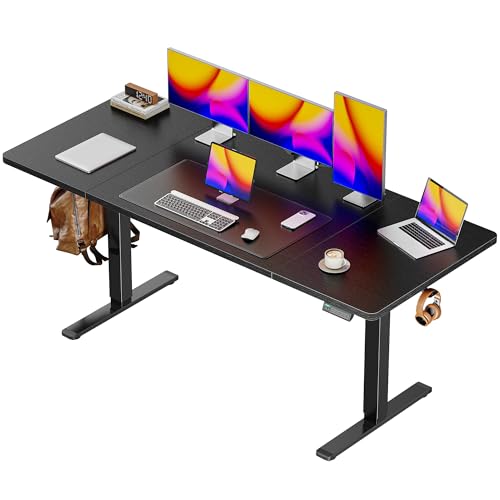 Image of Huuger 63 x 28 Large Electric Standing Desk, Height Adjustable Computer Desk, 27.6 inch Deep Desktop, Stand up Gaming Office Table with 2 Hooks, 3 Preset Heights, for Home Office, Black